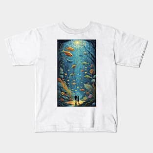 Starry Night Serenade: Van Gogh-Inspired Oceanic Harmony with Loving Couple Kids T-Shirt